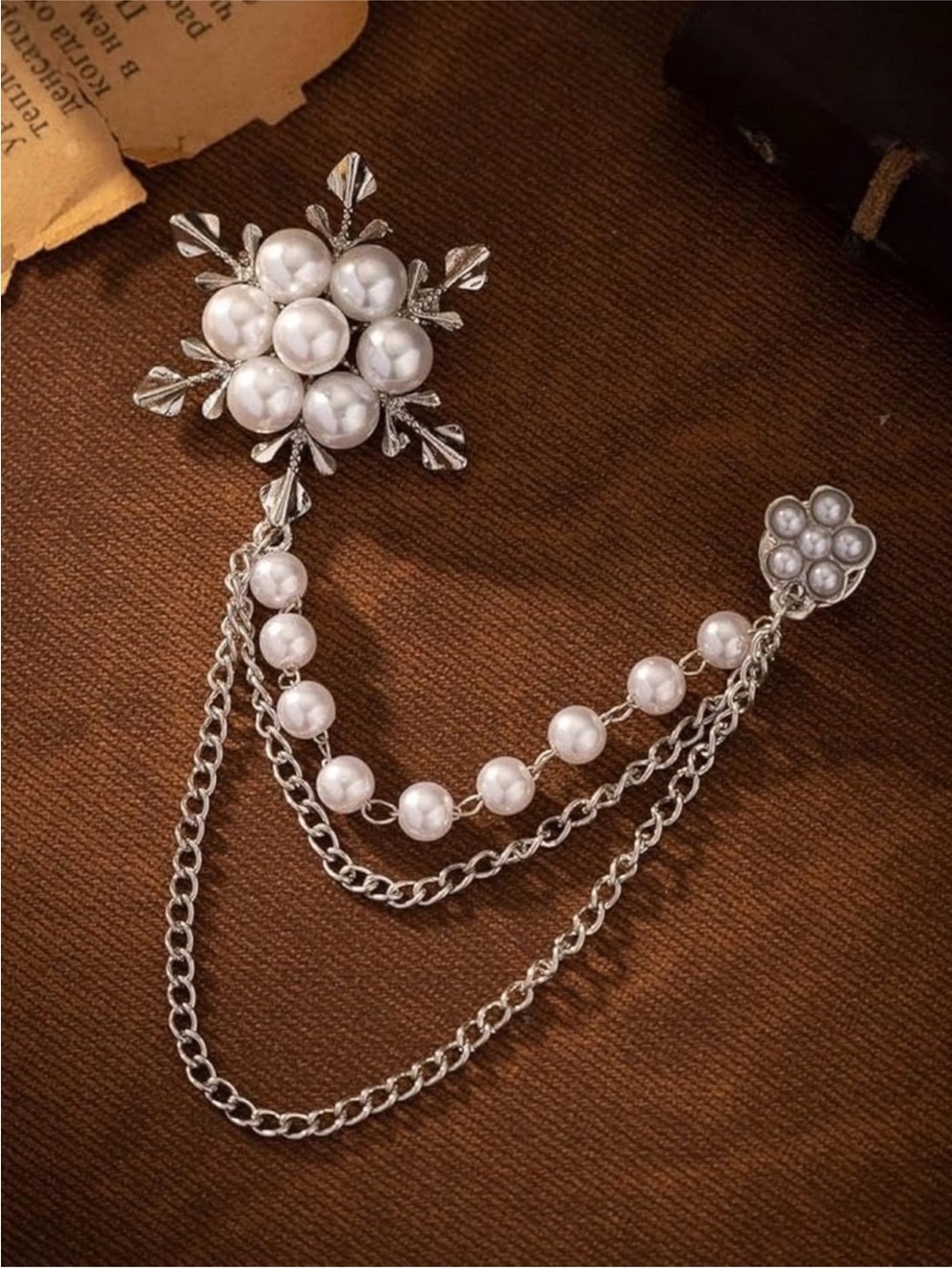 Pearl Snowflake Chain Brooch - Silver Tone
